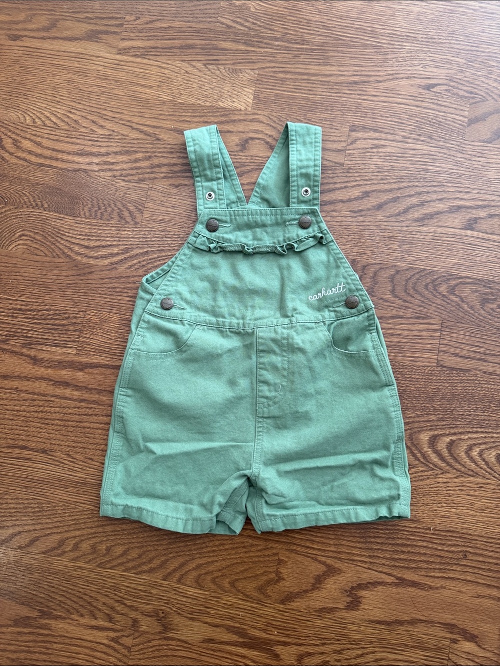 Carhartt Green Girls' Short Overalls with Ruffle Bib - 2T